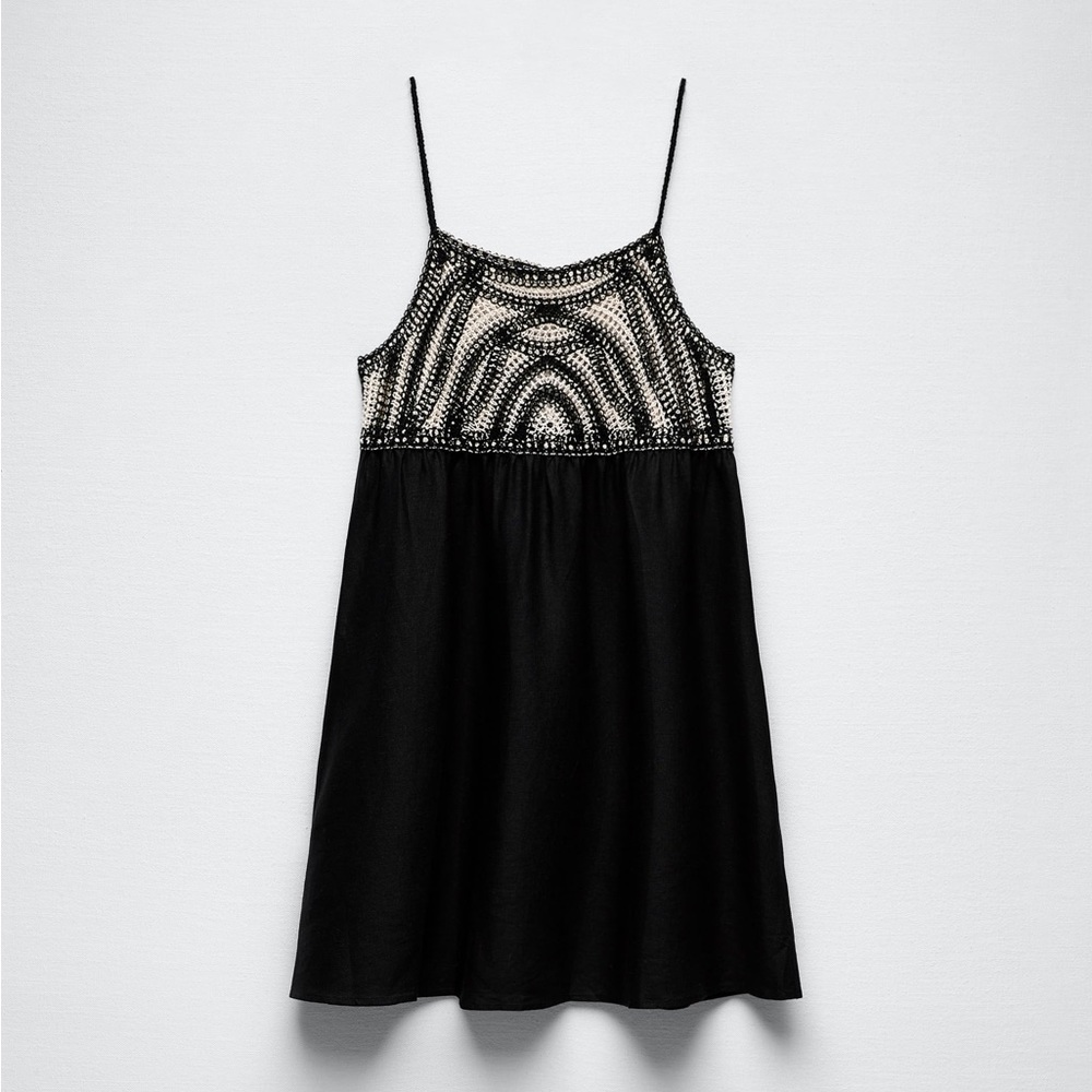 Zara Linen Contrast Crochet Mini Dress